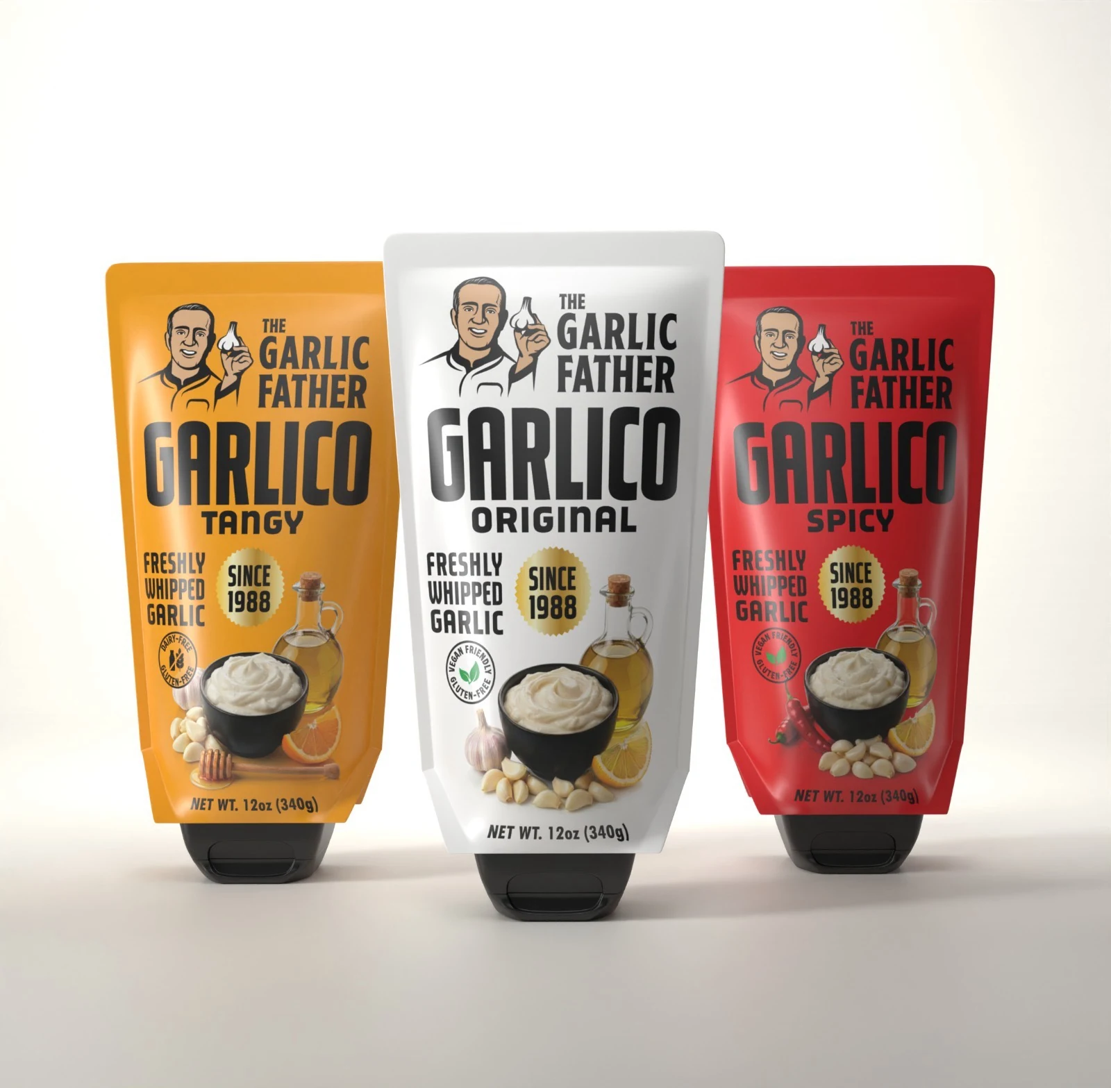 The Garlico lineup — Tangy, Original and Spicy freshly whipped garlic pouches